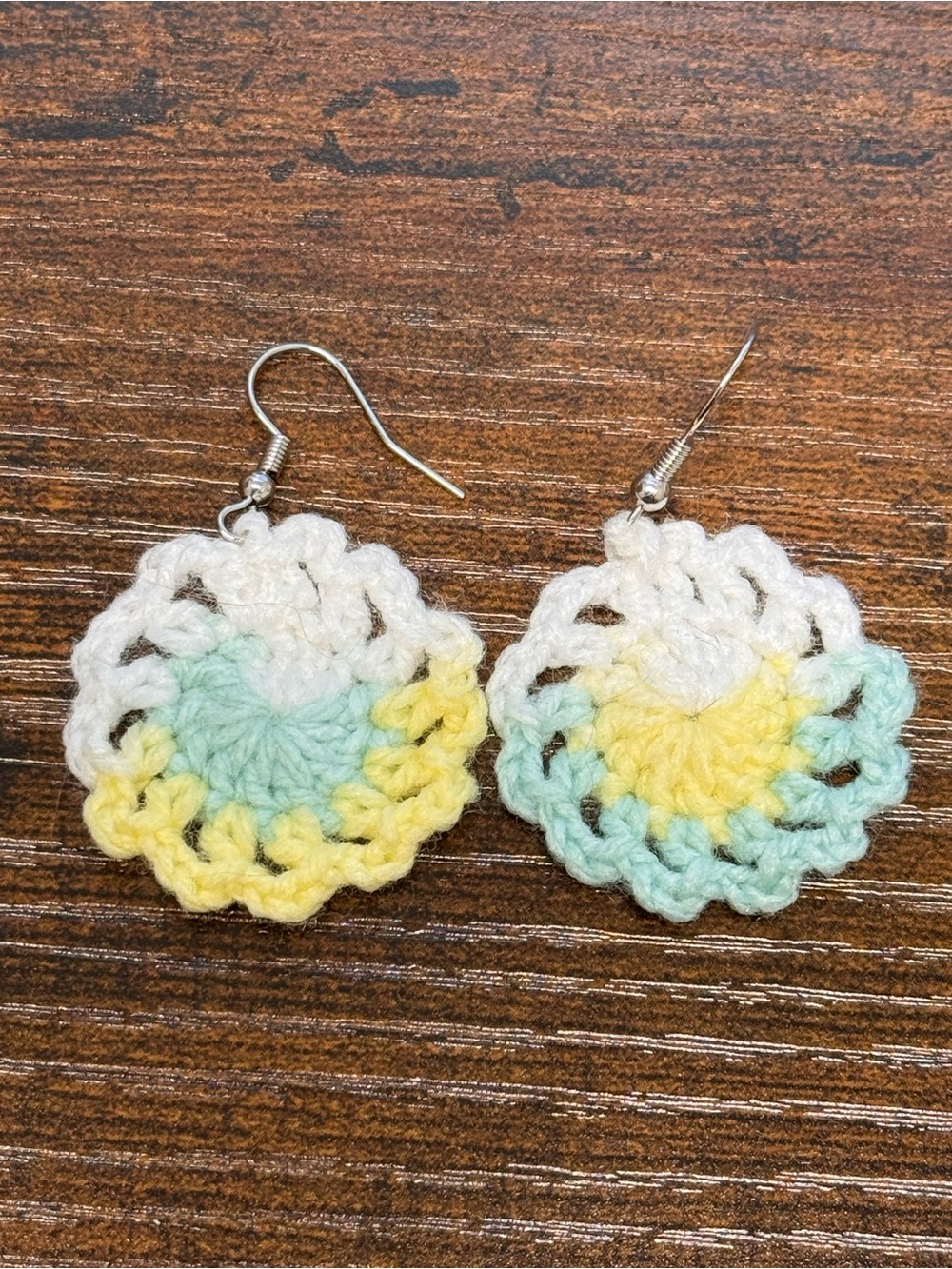 Hand Crafted Crochet Circle Earrings in White, Yellow & Mint